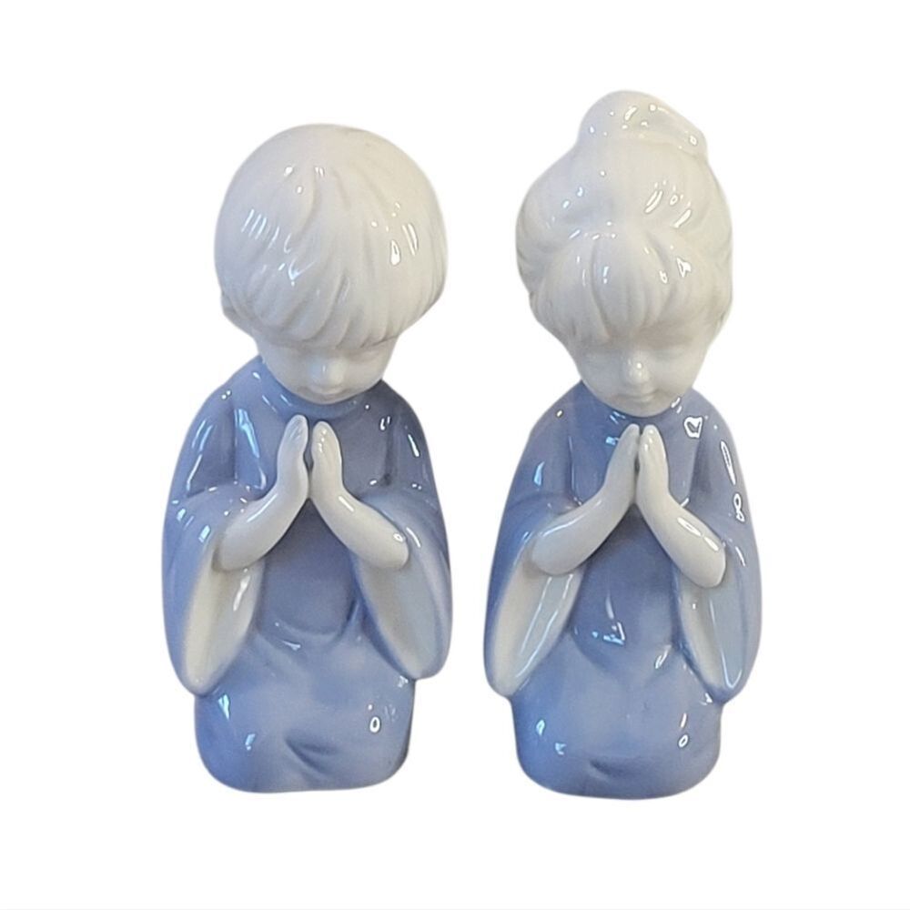 Vintage Lefton Blue And White Porcelain Praying Angel Figurine Set "1960"